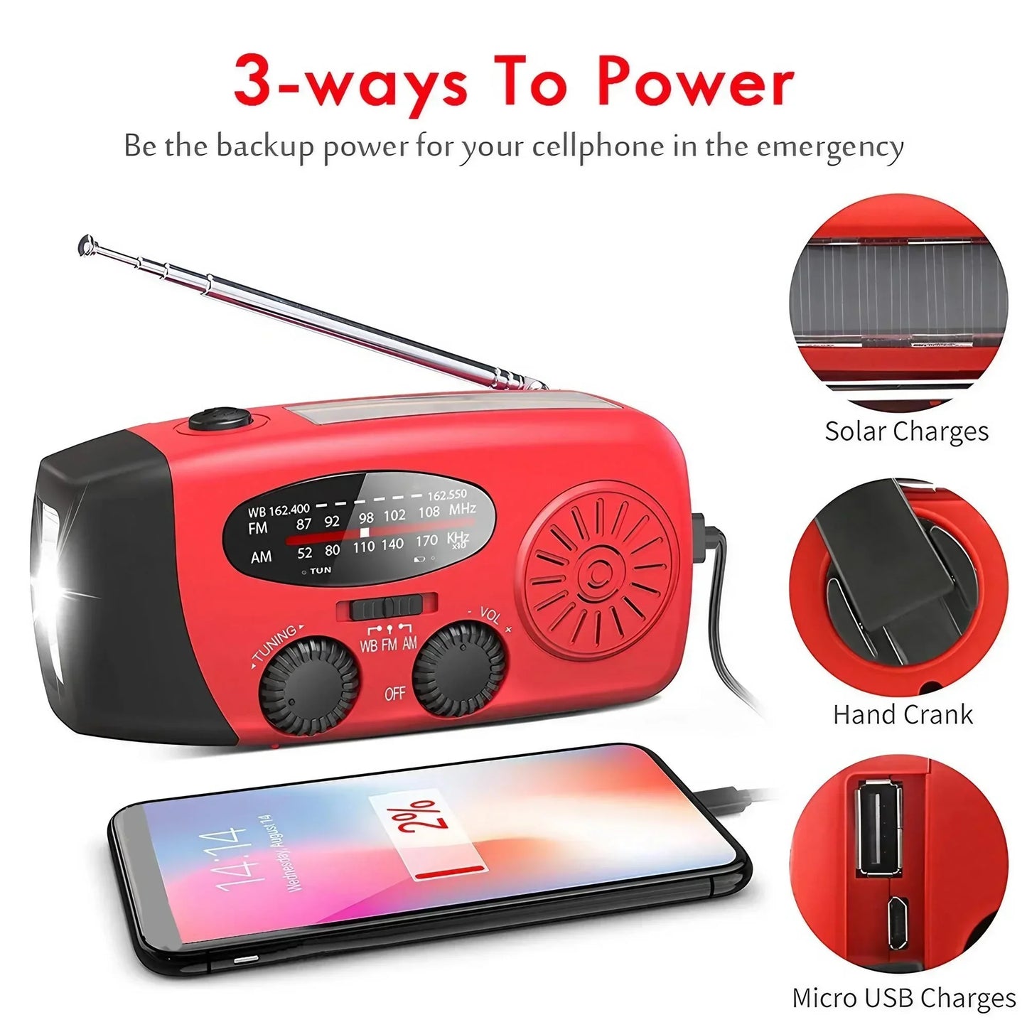 Noodradio Solar Powerbank met Hand-crank & Verlichting