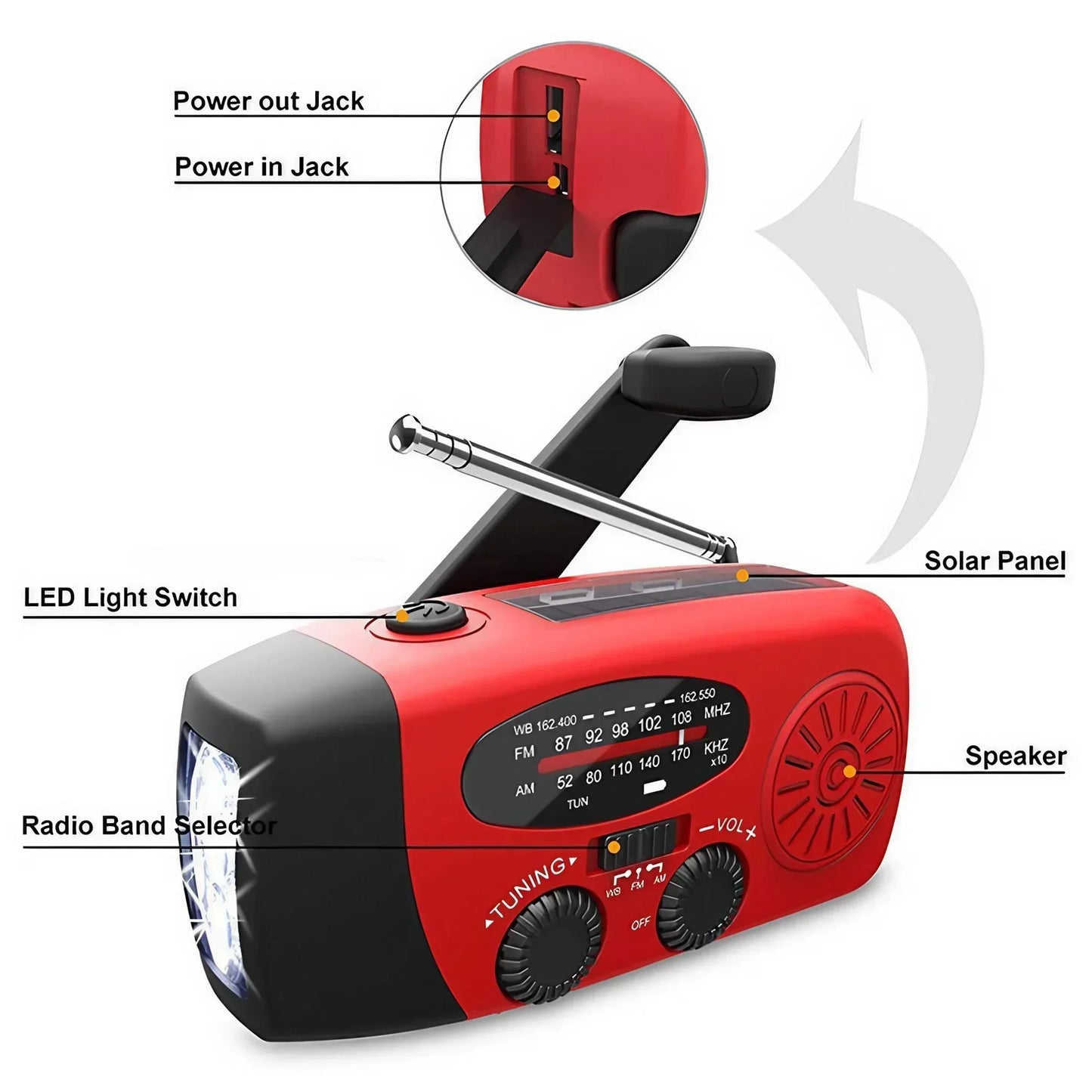 Noodradio Solar Powerbank met Hand-crank & Verlichting